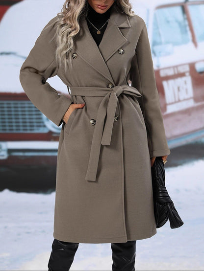 Women's Belted Double Breasted Long Wool Blend Coat