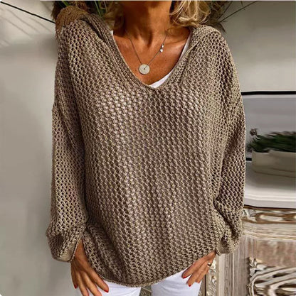 Oversized Hooded Open Knit Sweater V-Neck Pullover