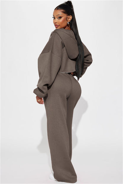 Women's Two Piece Crop Zip Hoodie Wide Leg Sweatpants Set