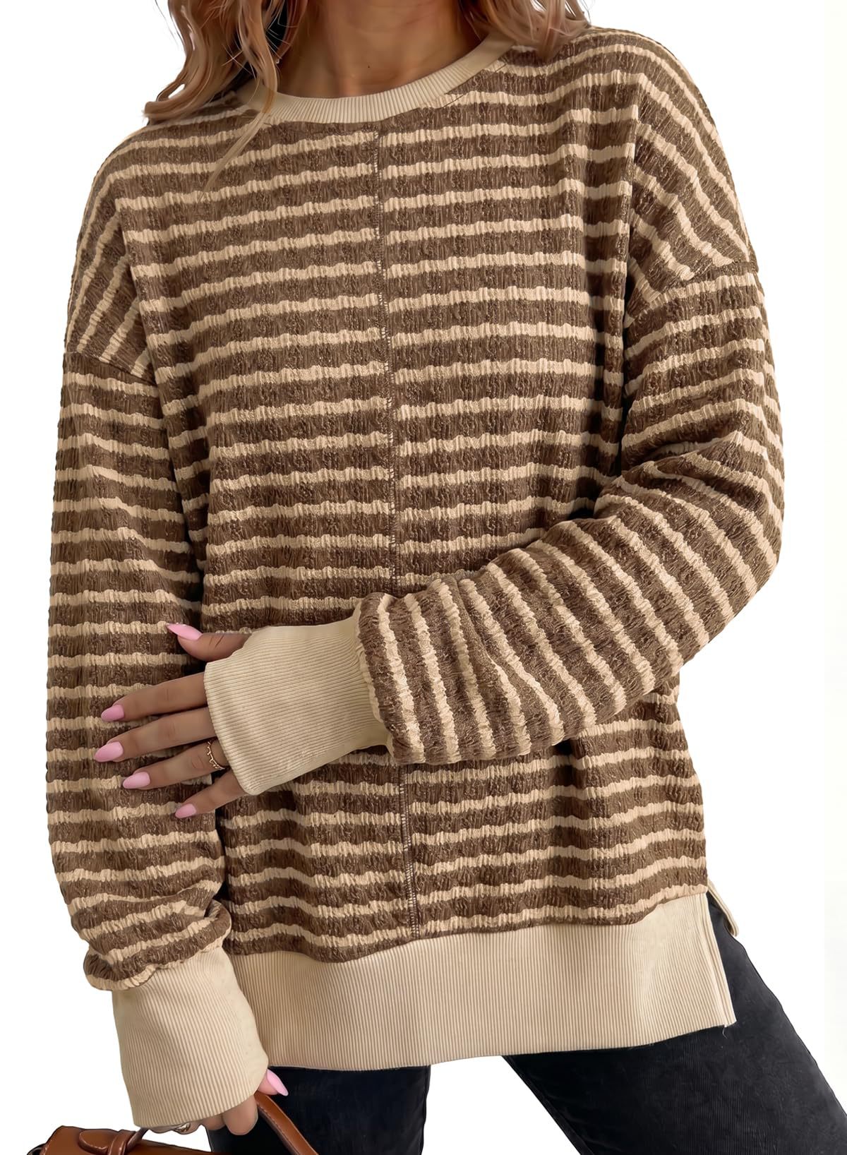 Women's Oversized Striped Crewneck Sweatshirt Side Slit