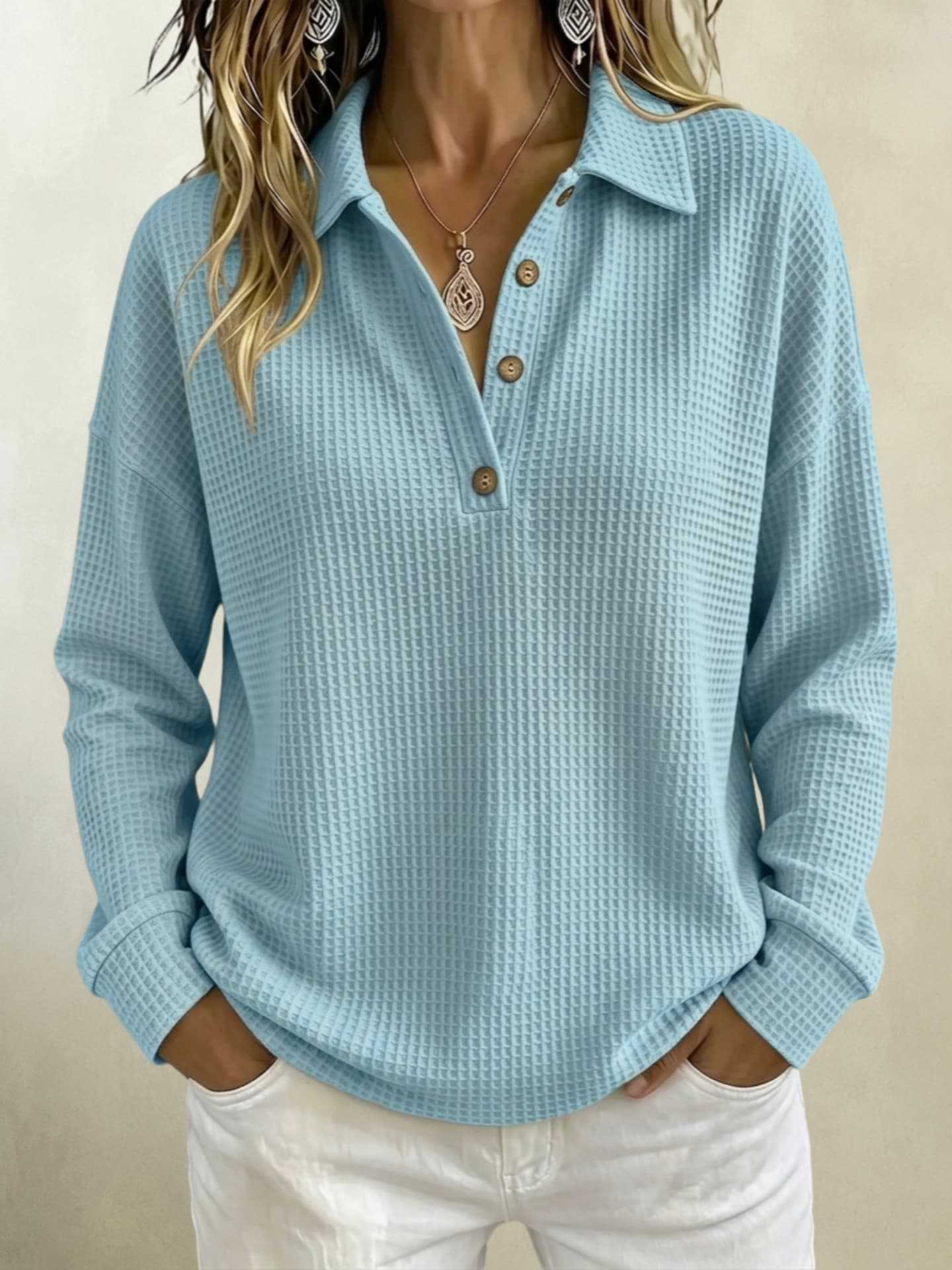 Women's Waffle Knit Polo Shirt Long Sleeve Button Top