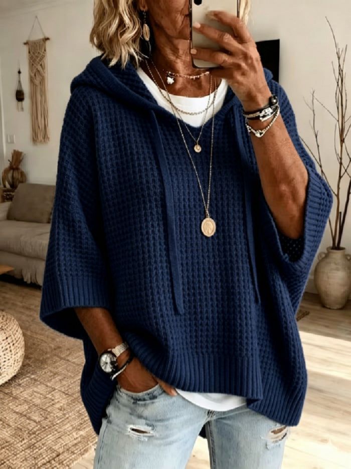 Oversized Hooded Textured Knit Pullover Sweater