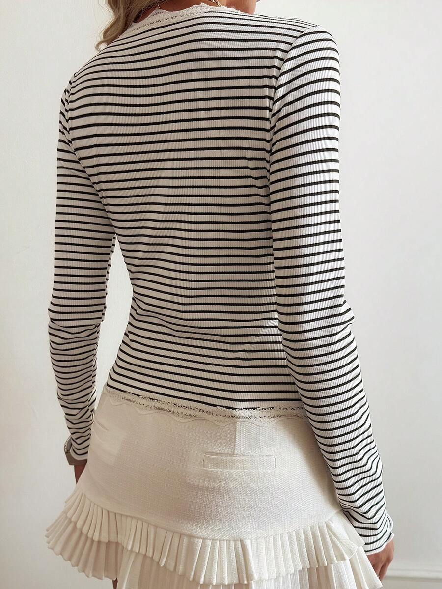 Lace Trim Striped Ribbed Knit Button Front Cardigan