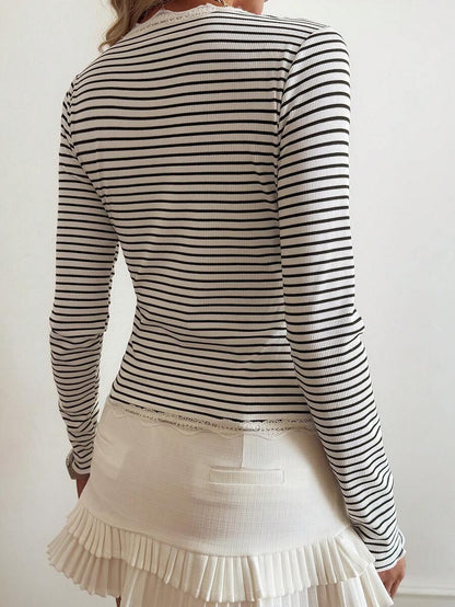 Lace Trim Striped Ribbed Knit Button Front Cardigan