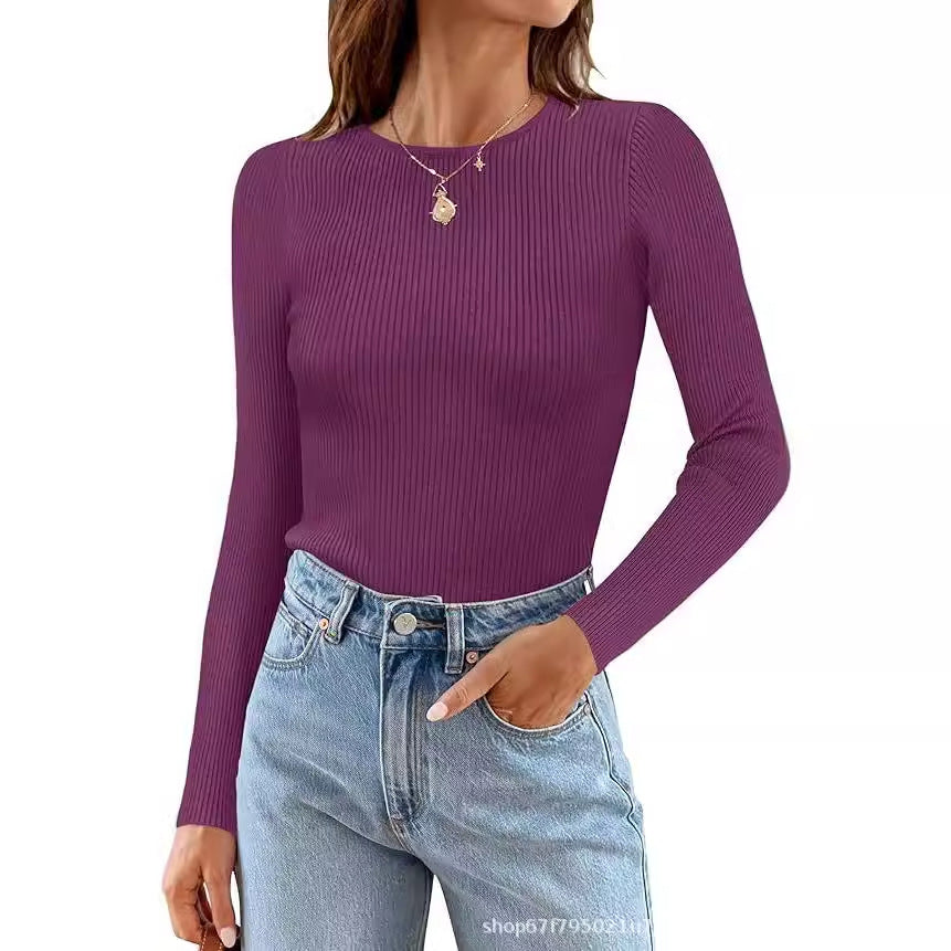 Women's Basic Ribbed Crew Neck Long Sleeve Knit Top