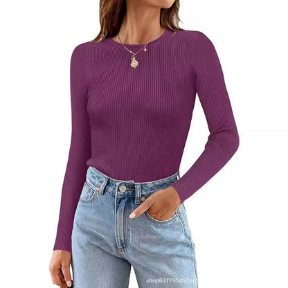 Women's Basic Ribbed Crew Neck Long Sleeve Knit Top