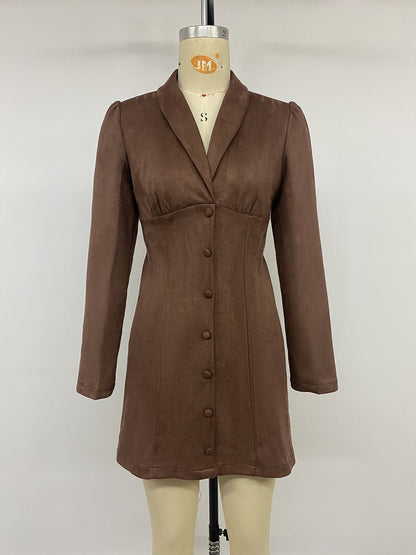 Women Suede Blazer Mini Dress Button Front Long Sleeve