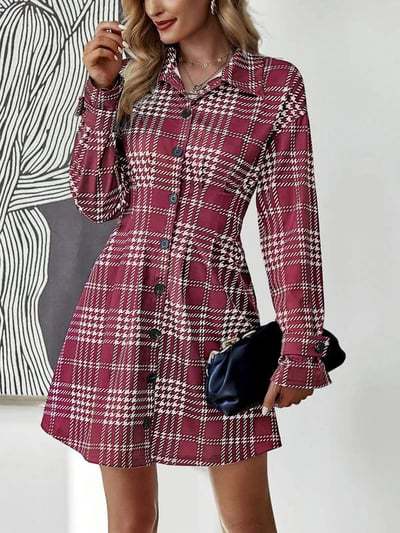 Plaid Button Front Mini Shirt Dress Long Sleeve