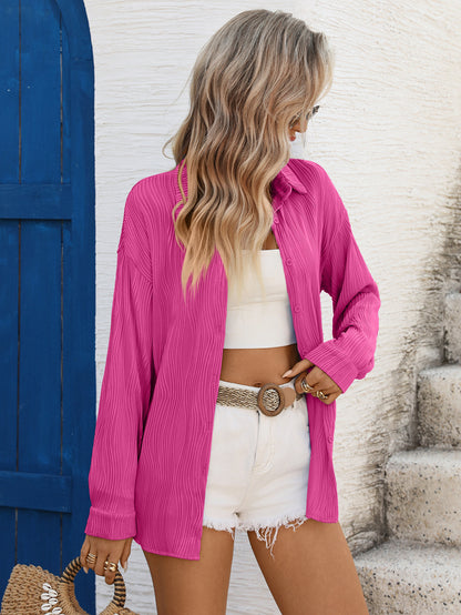 Light Purple Textured Oversized Button Down Tie Front Shirt