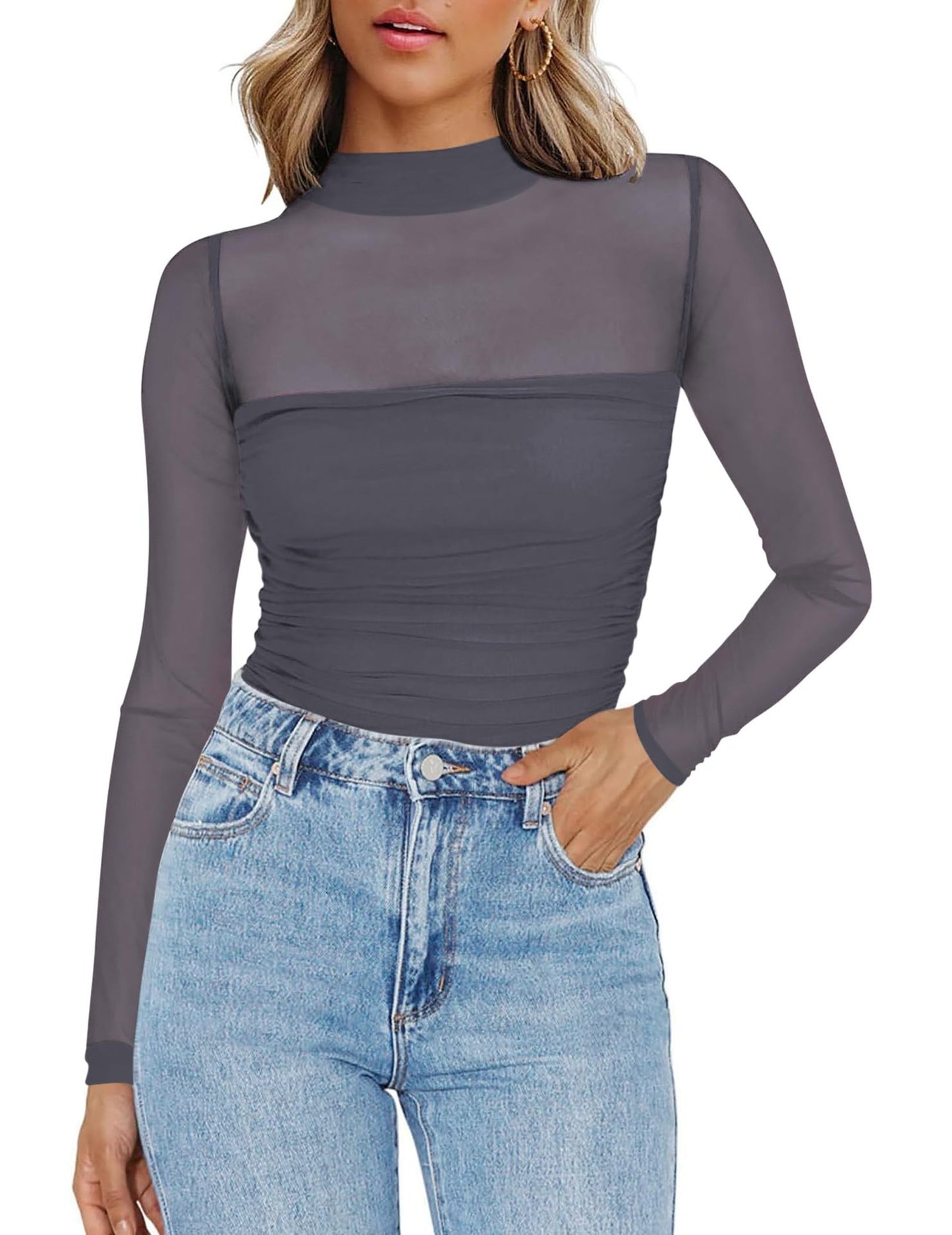 Y2K Mesh Semi-Turtleneck Long Sleeve Sexy T-Shirt