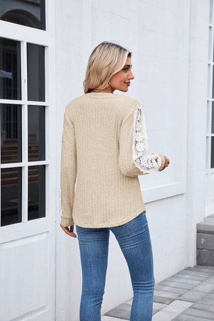 Women's V Neck Lace Long Sleeve Tunic Top