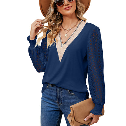 V-Neck Lace Long Sleeve Loose Fit Tunic Top