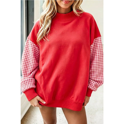 Plaid Sleeve Oversized Mock Neck Fleece Sweatshirt