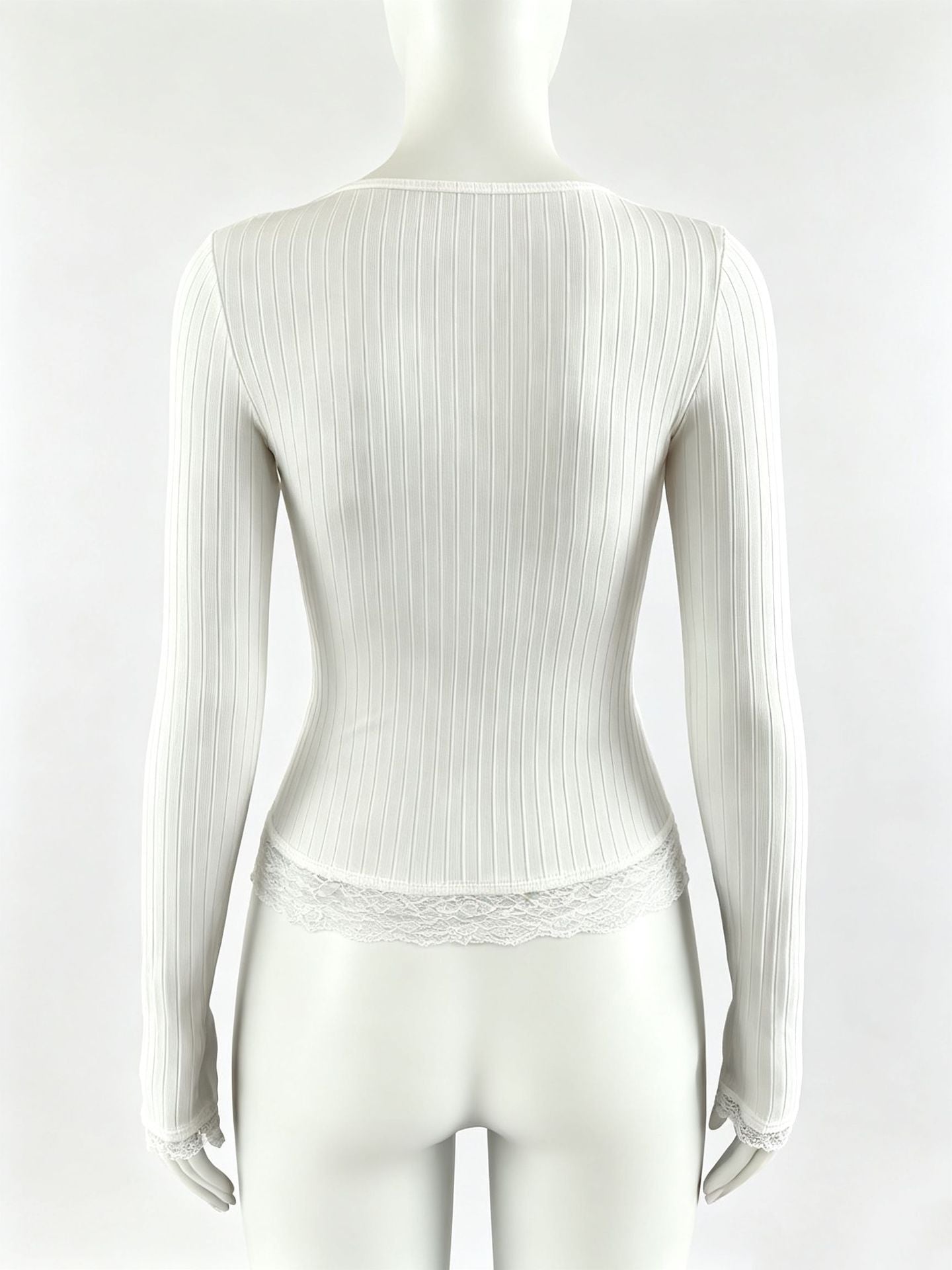 Ribbed Lace Trim Scoop Neck Long Sleeve Fitted Top