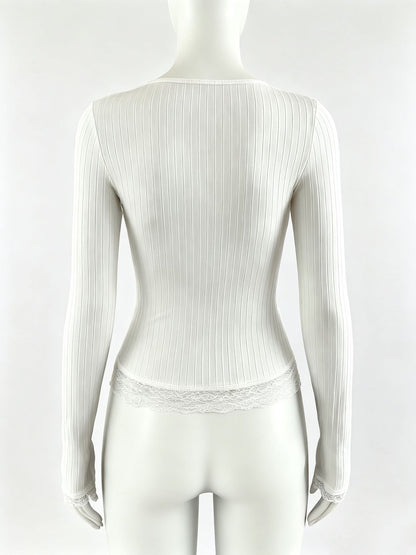 Ribbed Lace Trim Scoop Neck Long Sleeve Fitted Top