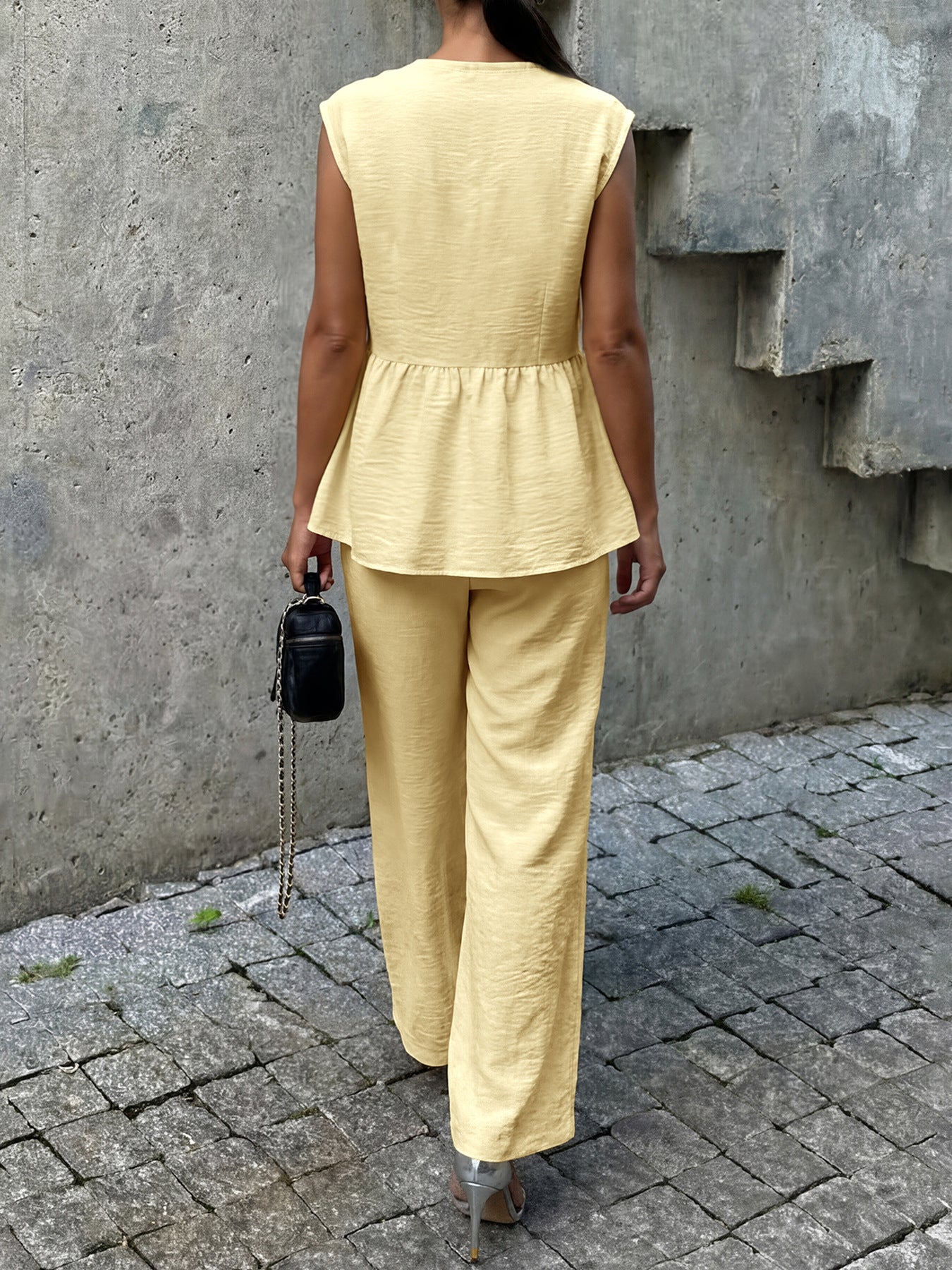 Faux Linen Peplum Vest Wide Leg Pants Matching Set