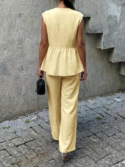 Faux Linen Peplum Vest Wide Leg Pants Matching Set
