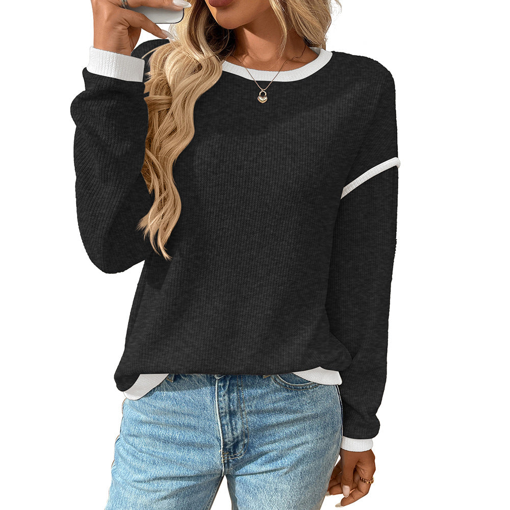 Contrast Trim Long Sleeve Waffle Knit Pullover