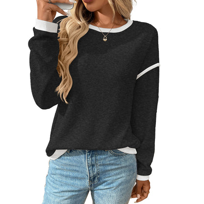 Contrast Trim Long Sleeve Waffle Knit Pullover