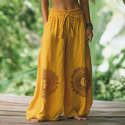 Women's Boho Wide Leg Pants Printed Drawstring Pockets