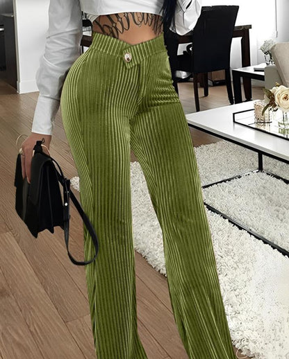 Women High Waist Ribbed Velvet Wide Leg Pants