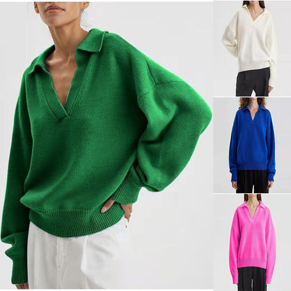 Women's Oversized Polo Collar V-Neck Knit Sweater