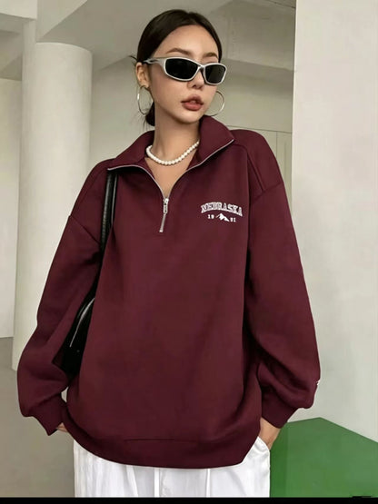 Women's Oversized Half Zip Embroidered Sweatshirt Pullover