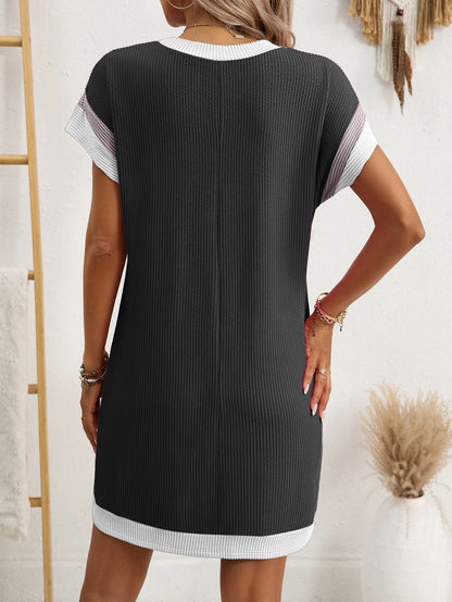 Color Block Ribbed T Shirt Dress Pocket Casual Summer