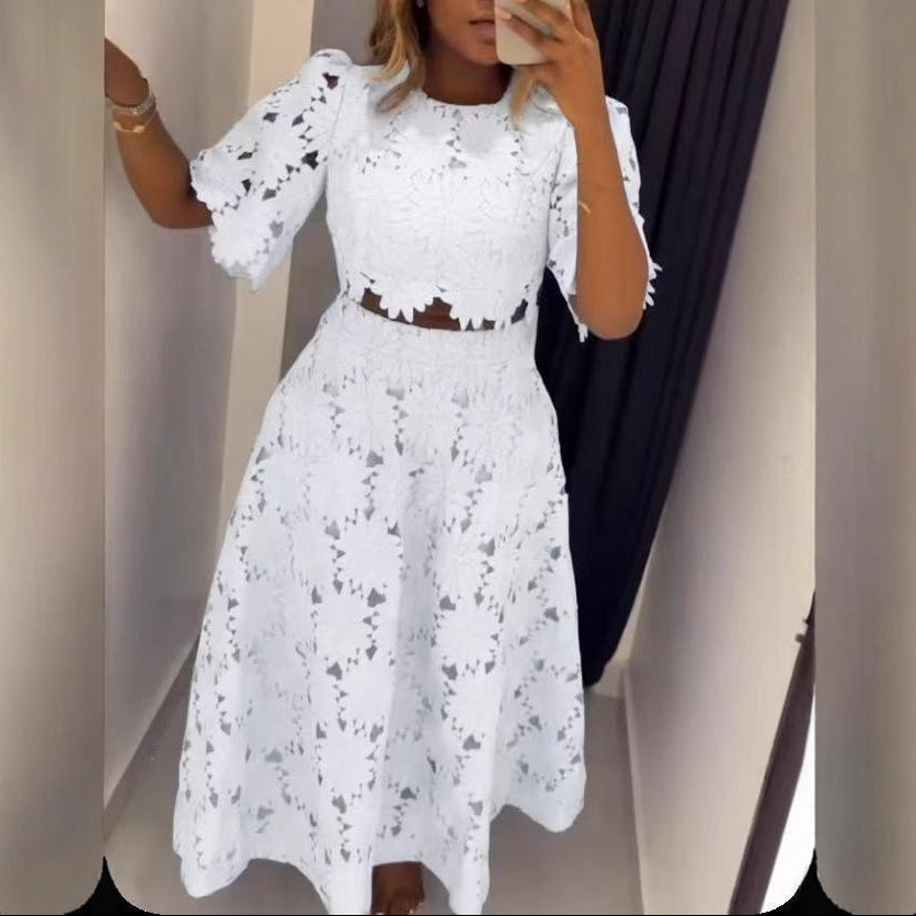 Women's Lace Floral Cutout Two Piece Midi Skirt Set