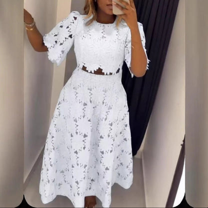Women's Lace Floral Cutout Two Piece Midi Skirt Set
