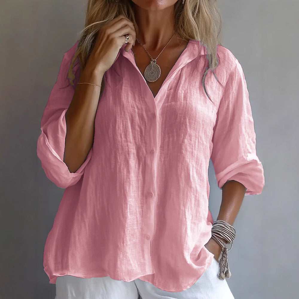 Women Linen V Neck Button Down Long Sleeve Casual Shirt