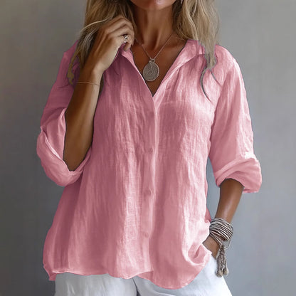 Women Linen V Neck Button Down Long Sleeve Casual Shirt