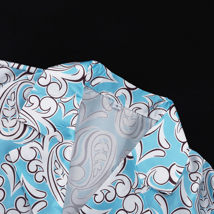 Women Satin Printed Shirt Wide Leg Pants Two Piece Set