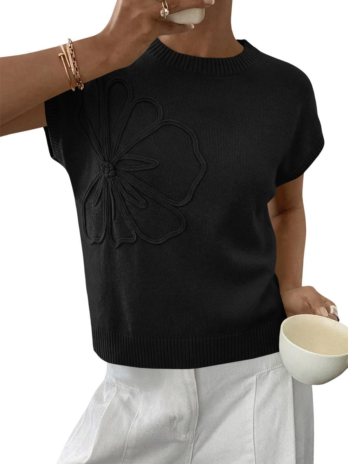 Floral Knit Sweater Short Sleeve Textured Summer Top