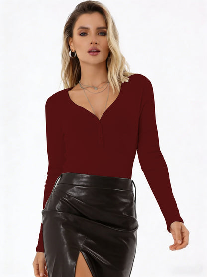 Women's Long Sleeve Ribbed Henley V Neck Fitted Top