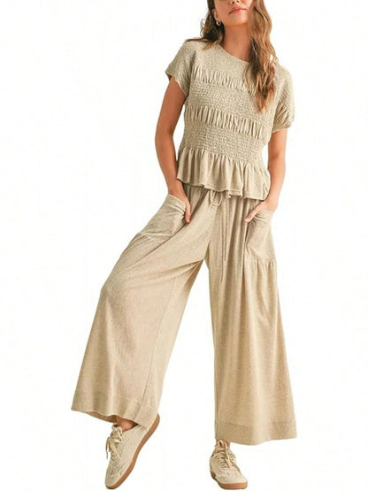 Summer Women’s Two-Piece Smocked Top with Wide-Leg Pants Casual Set
