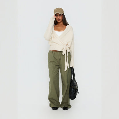 Women's Fuzzy Wrap Cardigan Tie Waist Long Sleeve Sweater