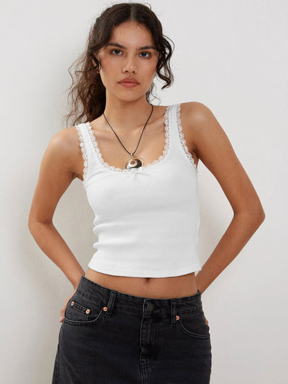 Ribbed Lace Trim Cami Top Slim Fit Cropped Tank