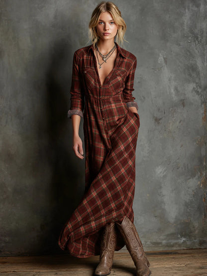 Plaid Shirt Dress Long Sleeve Maxi Casual with Pockets