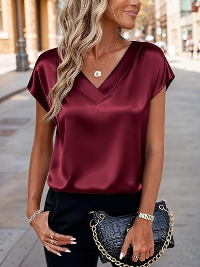 Satin V-Neck Pullover Top Casual Office & Daily Wear