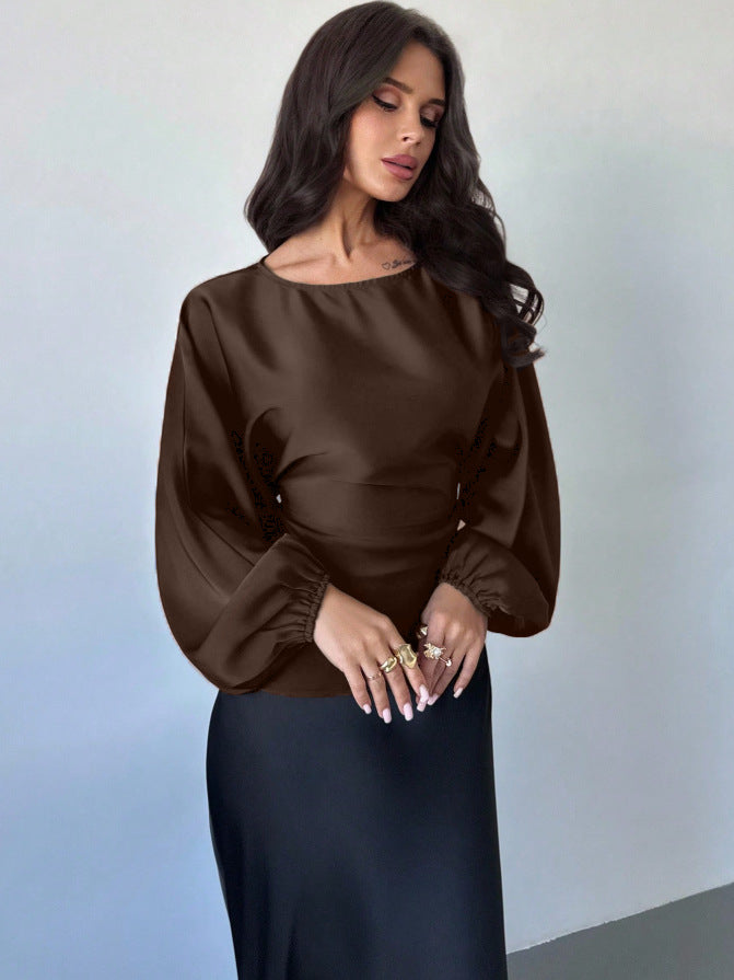 Satin Batwing Blouse Round Neck Tie Waist Top