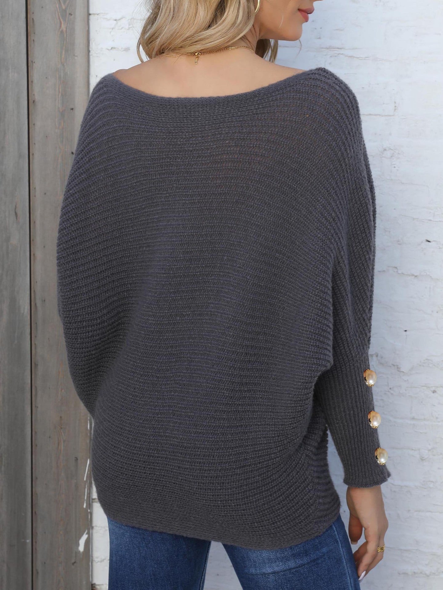 Pearl Button Decorative Bat Sleeve One-Neck Loose Sweater