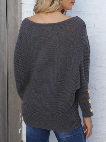Pearl Button Decorative Bat Sleeve One-Neck Loose Sweater