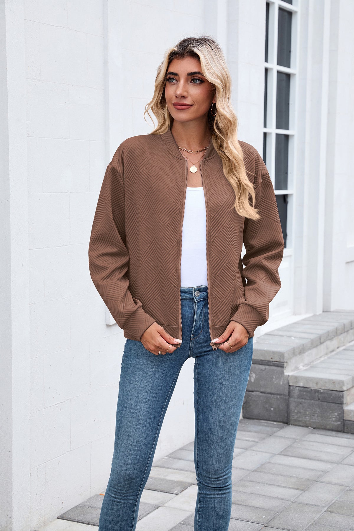 Women's Quilted Zip-Up Bomber Jacket Lightweight Casual
