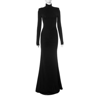 Mock Neck Padded Shoulder Ruched Bodycon Mermaid Maxi Dress