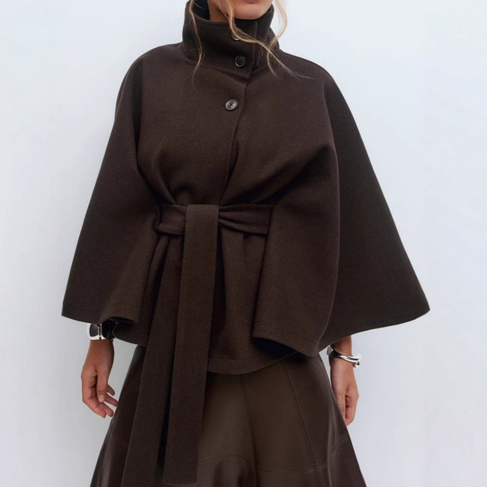 Women's Belted Cape Coat Mock Neck Button Front Jacket