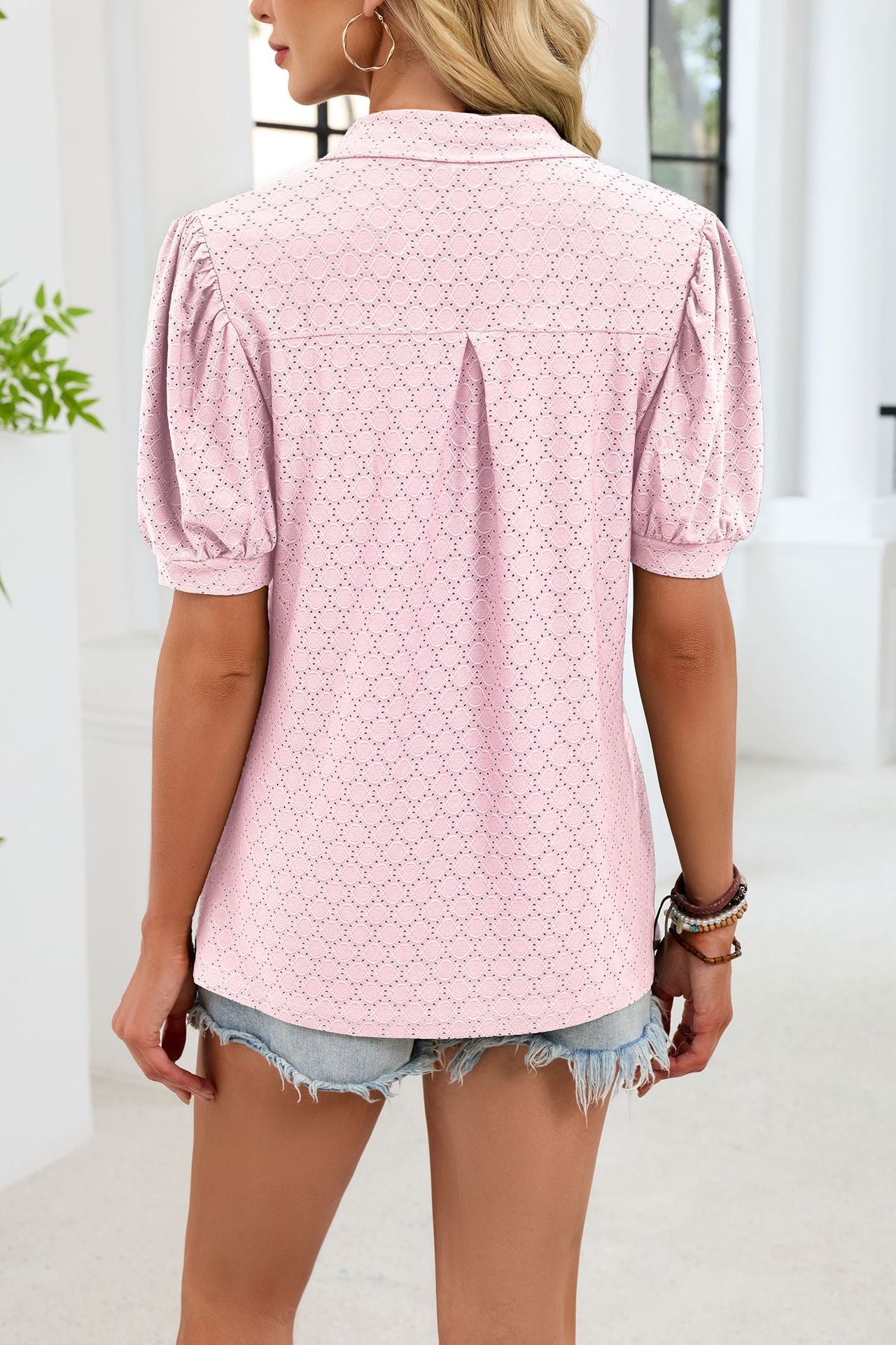 Eyelet V Neck Puff Sleeve Polo Blouse Casual Top