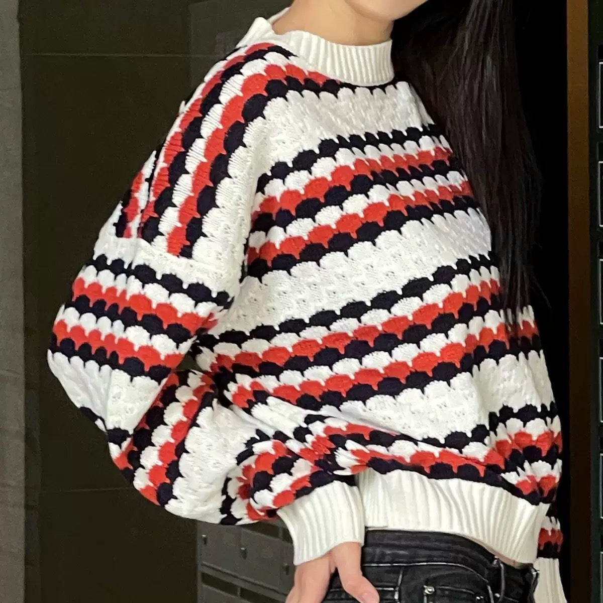 Women's Oversized Striped Crewneck Pullover Sweater