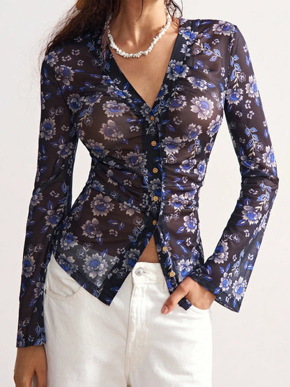 Vintage Floral Print V Neck Button Front Slim Fit Blouse