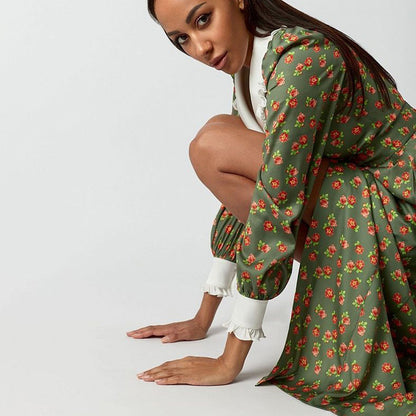 Floral Maxi Dress Long Sleeve Peter Pan Collar Button Front